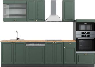 Vicco Mueble De Cocina Fame-line, Verde-dorado Casa De Campo/antracita, 300 Cm Con Armario Alto, Et Roble