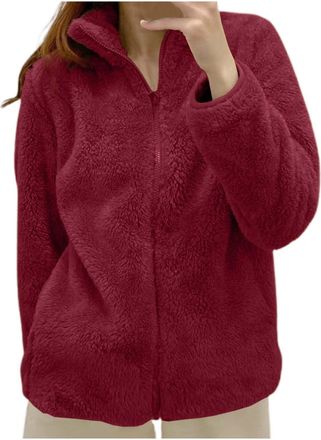 Generic Womens Fleece Jacket Casual Full Zip Warm Soft Teddy Jackets Long Sleeve Winter Coats Outdoor Stand-Up Collar Comfortable Classic Outwear Solid Color 