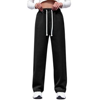 Generic Wide Leg Jeans for Women Drawstring Elastic Waist Pull On Jeans for Women UK Solid Color Stretch Straight Denim Pants Casual Everyday Baggy Denim Trou