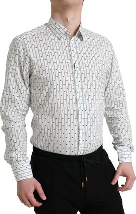Dolce & Gabbana White Patterned Men Gold Formal Dress Shirt Cotton