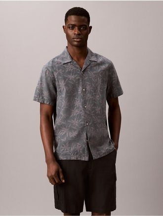 Calvin Klein Mens Linen Cotton Camp Collar Easy Shirt - Medium Grey - 2XL