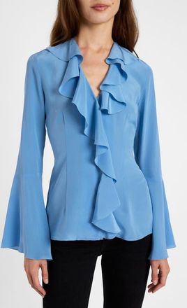 Santorelli Sydney Silk Long Sleeve Ruffle Blouse in Blue Aura at Nordstrom, Size 10