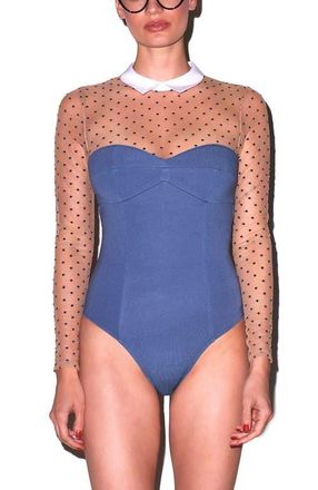 Fleur du Mal Collared Bodysuit with Dotted Tulle in Blue Haze at Nordstrom, Size X-Small