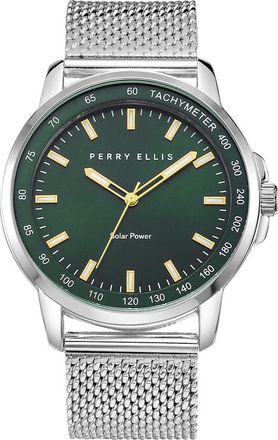 Perry Ellis Solar Powered Mesh Bracelet Watch, 41mm in Silver/dark Green at Nordstrom Rack