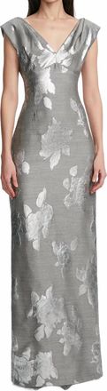 Lela Rose Floral Fil Coupe V-Neck Gown In Silver/grey
