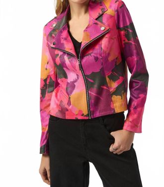 Joseph Ribkoff Faux Suede Abstract Print Fitted Jacket In Black/multi