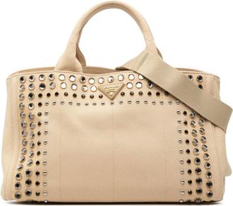 Prada Pre-owned Tote Bags, female, Brown, Size: ONE SIZE Pre-owned Studded Canvas Tote Bag