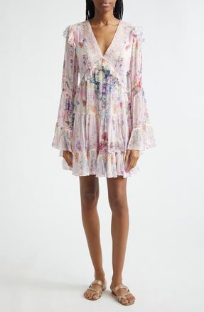 Camilla Floral Long Sleeve Silk Chiffon Tiered Minidress in Palatial Pastels at Nordstrom, Size X-Small