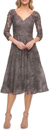 La Femme Tea Length Lace Evening Dress with Sleeves in Gunmetal at Nordstrom, Size 16