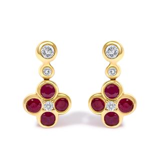 House of Brilliance 14K Yellow Gold 1/10 Cttw Diamond and Ruby Floral Dangle Earrings