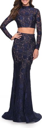 La Femme Long Sleeve Two Piece Lace Dress with Open Back in Navy at Nordstrom, Size 0