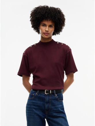 Tommy Hilfiger Womens Gold-Button Slim Fit Mockneck T-Shirt - Deep Burgundy - XL