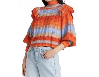 Something Navy Ruffle Mock Neck Sweater In Orange Combo