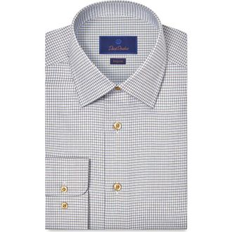 David Donahue Regular Fit Microcheck Cotton Dress Shirt in White/Dune at Nordstrom, Size 16.5 - 32