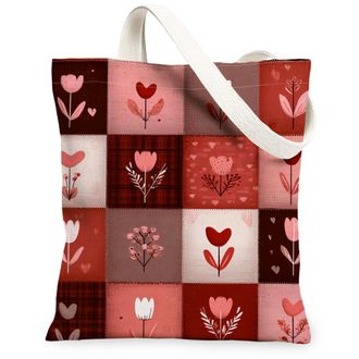 Generic Floral Canvas Tote Bags, Flower Pattern Reusable Grocery Bags, Spring Vintage Lightweight Washable Shoulder Strap for Trave, Red, 13x15 Inch