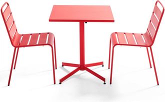 Oviala Conjunto mesa de jard&iacute;n cuadrada y 2 sillas metal rojo