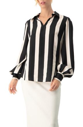 Ivonne Collared Long Sleeve Striped Blouse in Black at Nordstrom, Size 14