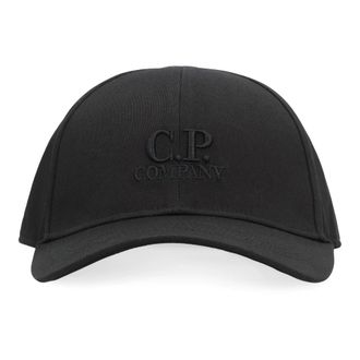 C.P. Company Logo Baseball Cap in Gabardine Katoen - Heren - Petten - Zwart - ONE Size - Katoen - Accessoires