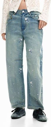 Desigual Floral Embroidery Barrel Leg Jeans in Medium Blue at Nordstrom, Size 38