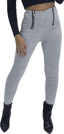 Generic Womens High Waist Check Print Zip Detail Casual Stretch Fit Slimming Trousers - Small-XLarge (as8, Alpha, s, m, Regular, Regular, Teal)