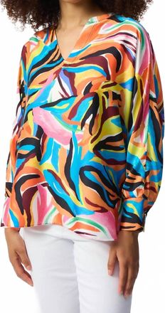 Joseph Ribkoff Abstract Print V-Neck Boxy Satin Top In Vanilla/multi