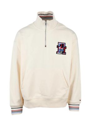 Tommy Hilfiger Cream Cotton Men Zip Neck Sweatshirt