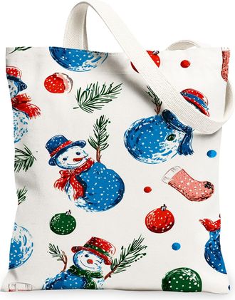 Generic Winter Snow Man Canvas Tote Bags, Fun Snow Man Pattern Reusable Grocery Bags, Holiday Vintage Lightweight Washable Shoulder, White, 13x15 Inch