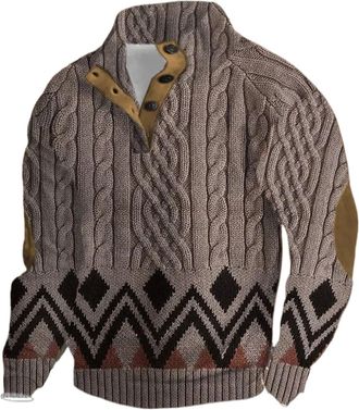 Generic My Recent Orders Oversized Sweater for Men UK Fall Winter Long Sleeve Button Up Collared Jumpers Vintage Knit Geometric Print Pullover Tops Dressy Cas