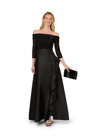 Adrianna Papell Womens Studio Combo Off Shoulder Gown - Black - Size 10 UK