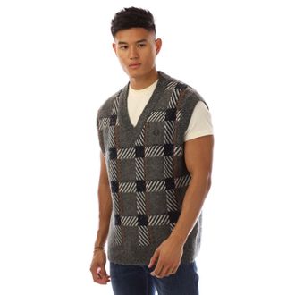 Fred Perry Mens Glitch Tartan Knitted Tank Top in Grey Cotton - Size X-Large