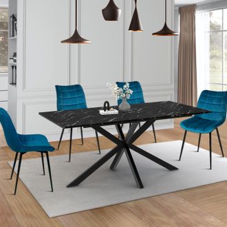 IDMarket Alaska Mesa De Comedor Para 8 Con Efecto M&aacute;rmol Negro Y Pata De Ara&ntilde;a De Metal 160 Cm