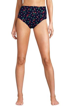 Lands End Chlorine Resistant Pinchless High Waisted Bikini Bottoms in Navy/berry Dot at Nordstrom, Size 18