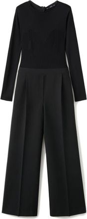 Mango Long Sleeve Wide Leg Mixed Media Jumpsuit in Black at Nordstrom, Size Xx-Small