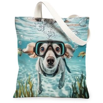 Generic Pop Art Boxer Dog Canvas Tote Bag for Shopping 13x15, Ocean Sea Nautical Puppy Reusable Grocery Print Bag for Women, Fun Pet Beach Aesthetic Painting 