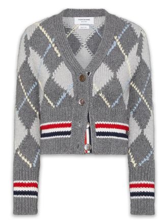 Thom Browne Argyle Jersey Intarsia Shrunken V Neck Cardigan aus grober Merinowolle mit RWB-Streifen