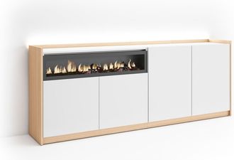 Skraut Home Skraut Home - Aparador Para Sal&oacute;n, Gran Capacidad De Almacenaje, 207x37x80cm, 4 Puertas, Chimenea El&eacute;ctrica, Led, Estilo Moderno, Blanco Y Roble Soft