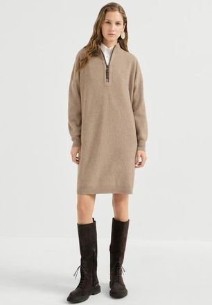 Brunello Cucinelli Virgin wool, cashmere and silk rib knit dress with precious half zip in Beige at Nordstrom, Size Xxx-Large