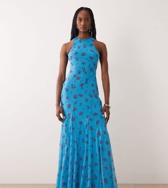 Asos Tall ASOS DESIGN Tall - Vestito lungo con scollo a vogatore e taglio sbieco blu a fiori con fondo godet-Multi