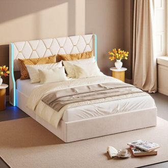 OEM Cama Cofre Adulto Doble 140x200 - Led Rgb 6000+ Colores - Dise&ntilde;o Moderno - Mecanismo Silencioso - Beige