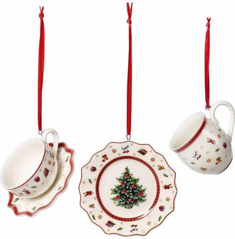 Villeroy & Boch Villeroy&boch - Toys Delight Decoration Set di stoviglie da Decorazione 3 pz., Ornamenti da Appendere, Porcellana Premium, Tessili, Metallo, Bianco