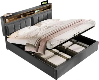 STILVORA Cama Con Arc&oacute;n 140 X 200 Cm De Lino, Cama Doble Con Almacenamiento, Somier Ajustable, Led Y Usb-c, Colch&oacute;n Incluido, Gris