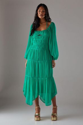 Warehouse Womens Chiffon Gathered Seam Halter Tie Hanky Hem Midi Dress - Light Green - Size 16 UK