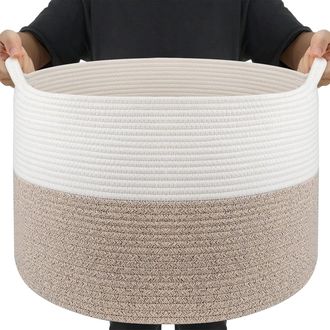 OEM Cesta Grande De Mimbre/algod&oacute;n Marr&oacute;n Para La Ropa Sucia, 83 L (55 Cm De Di&aacute;metro X 35 Cm De Alto), Cesta Hecha A Mano Con Asas Para Juguetes