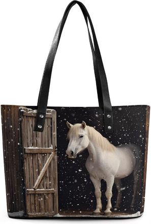 Generic White Horse Peeking Out at The Snowy Tote Bags for Women Cute Shoulder Purses Handbags