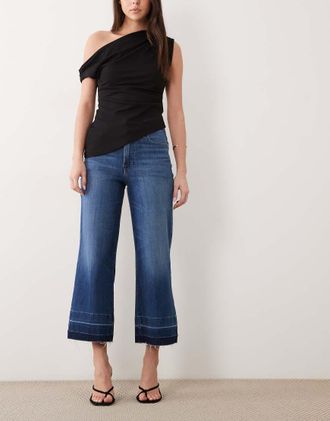 Good American Jeans palazzo corti morbidi a vita alta lavaggio blu medio