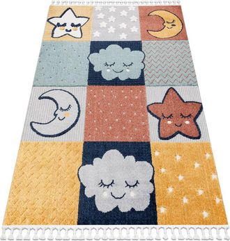 RugsX Rugsx - Carpet yoyo GD52 grey / yellow - Stars, clouds, patchwork for children, structural, sensory Fringes multicolour 200x290 cm
