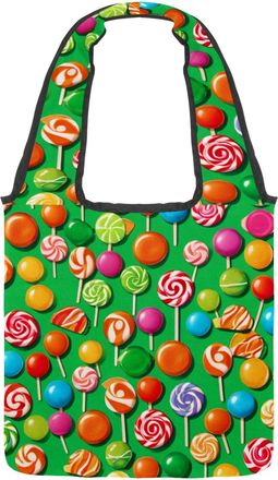 Generic Green Candy Pattern Reversible Canvas Shoulder Tote - Double-Sided Print, 12oz Cotton, 27cm Drop, Fold-Flat Bag for Travel, Shopping, Street Outings