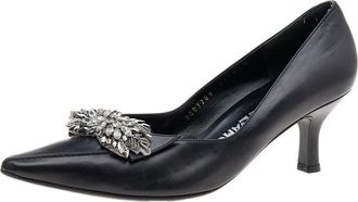 Ferragamo Black Leather Crystal Embellished Pumps