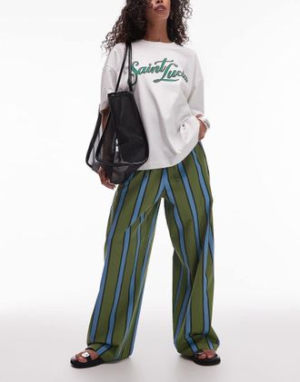 Topshop ASOS DESIGN - Pantaloni a fondo ampio in popeline a righe kaki e blu-Verde