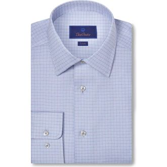 David Donahue Trim Fit Broken Herringbone Check Dress Shirt in Sky/Berry at Nordstrom Rack, Size 15.5 - 34/35